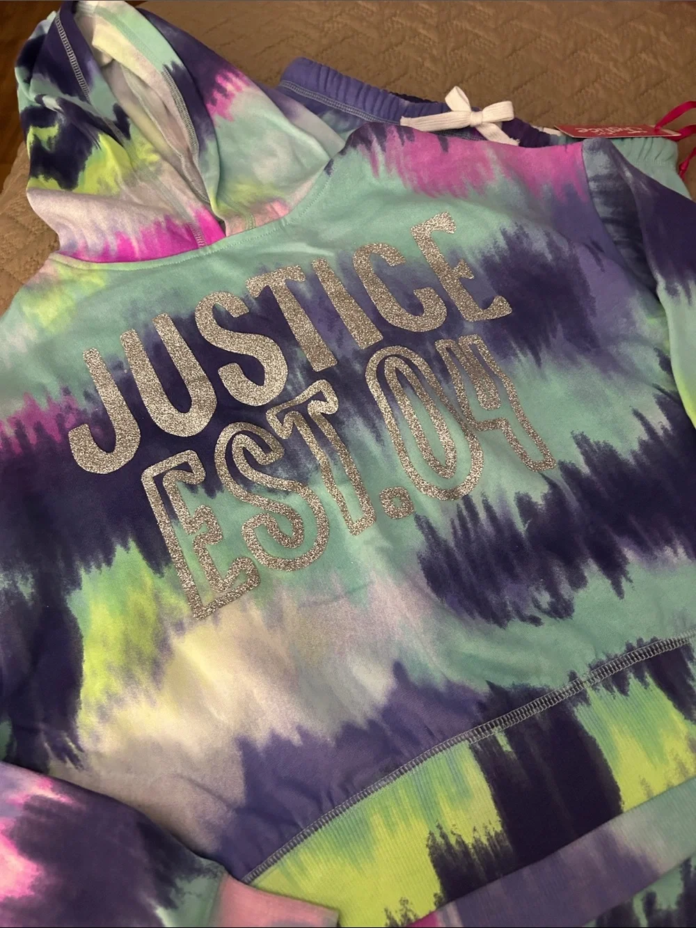 Justice Girls Tie-Dye Cropped Hoodie in Mint, Navy, Pink & Lime Size M(10)